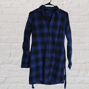 Women's Abercrombie & Fitch Blue Plaid Tie Front Flannel Shirt Dress Size Small
